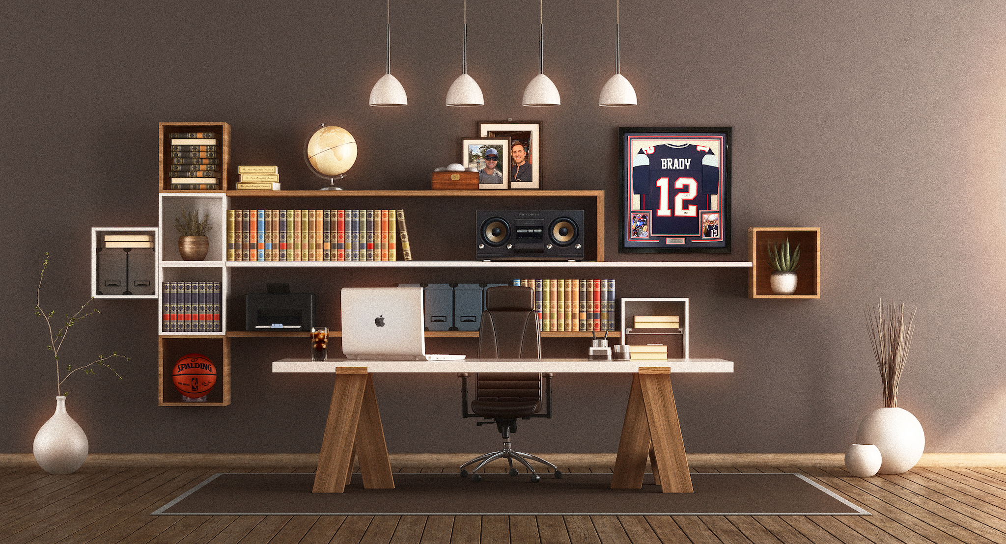 A warm home office with bookshelves, pendant lamps, a framed jersey and a desk